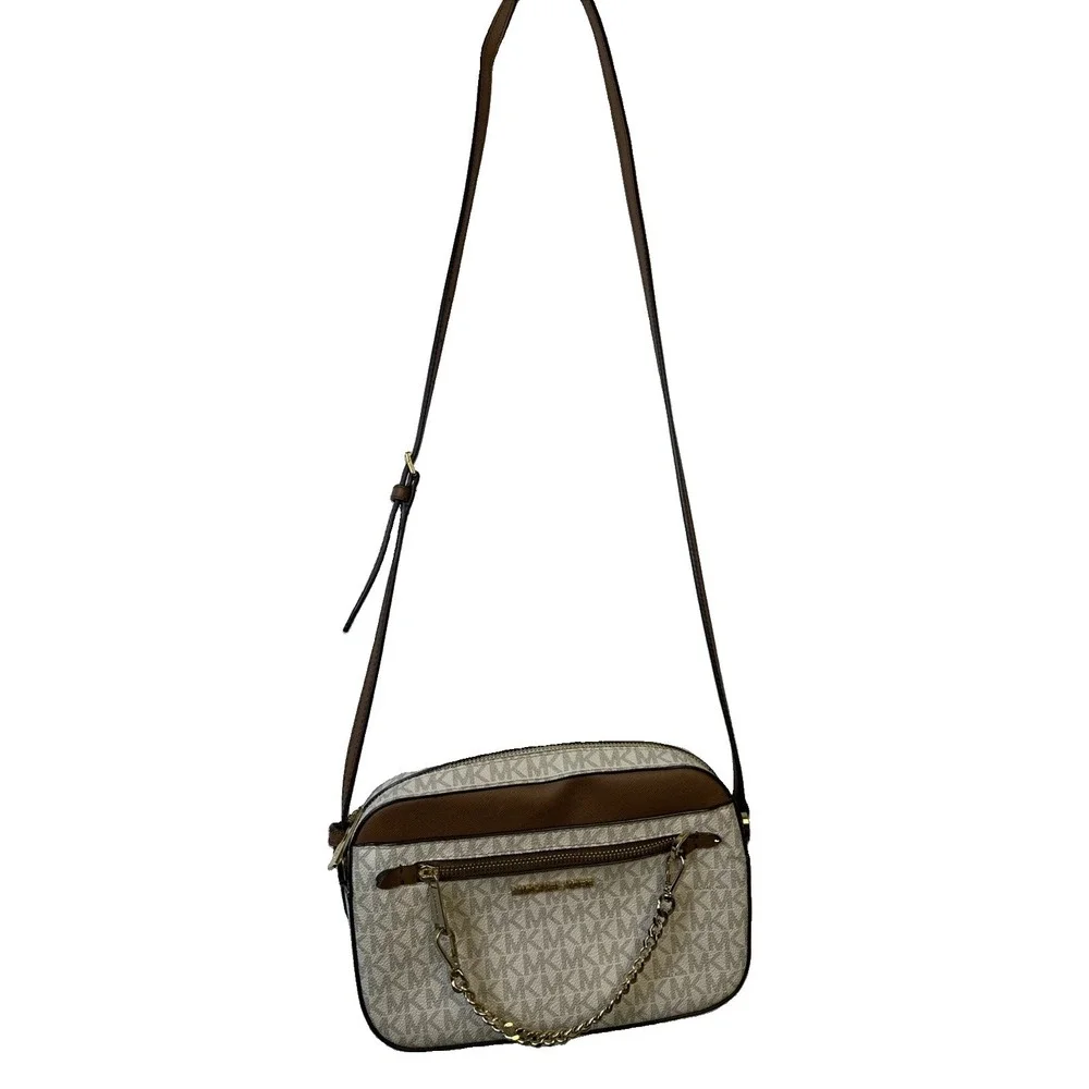 Michael Kors Jet Set Large Logo Crossbody Bag Vanilla Zip Chain Strap